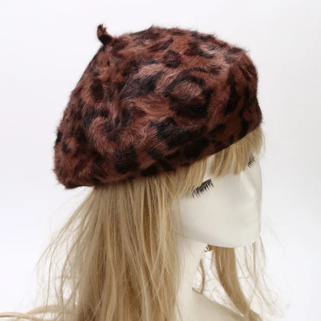 Luxurious Leopard Print Rabbit Fur Buckle Beret Hat for Women | ULZZANG BELLA