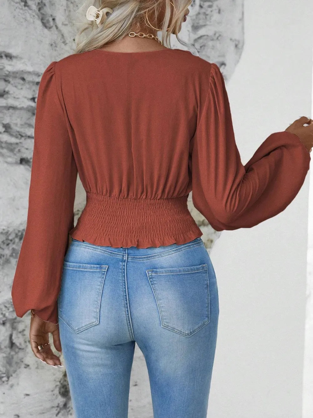 Elegantly Ruched Sheer Smocked Surplice Top with Balloon Sleeves | ULZZANG BELLA