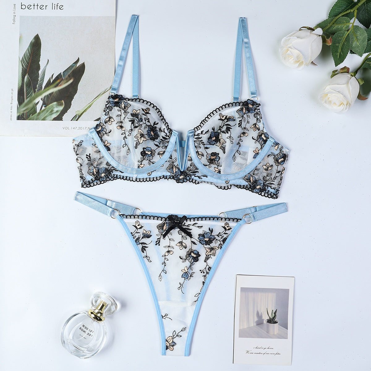 Exquisite Embroidered Floral Lingerie Set with Deep V-Neck | ULZZANG BELLA