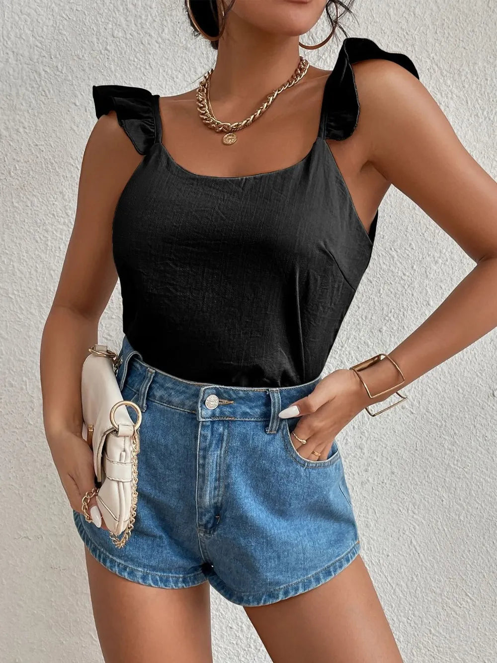 Elegantly Ruffled Backless Scoop Neck Tank Top | ULZZANG BELLA