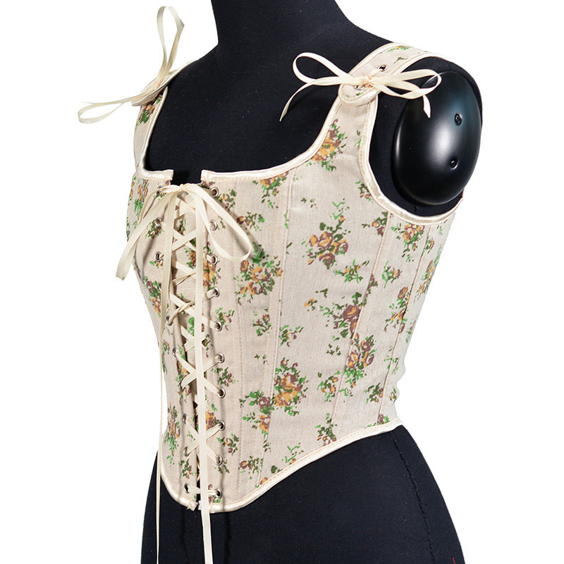 French Lace-Up Corset in Yellow Rose Print | ULZZANG BELLA