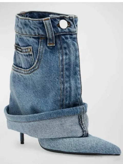 Elegant Pointed Toe High Heel Denim Cowboy Boots | ULZZANG BELLA