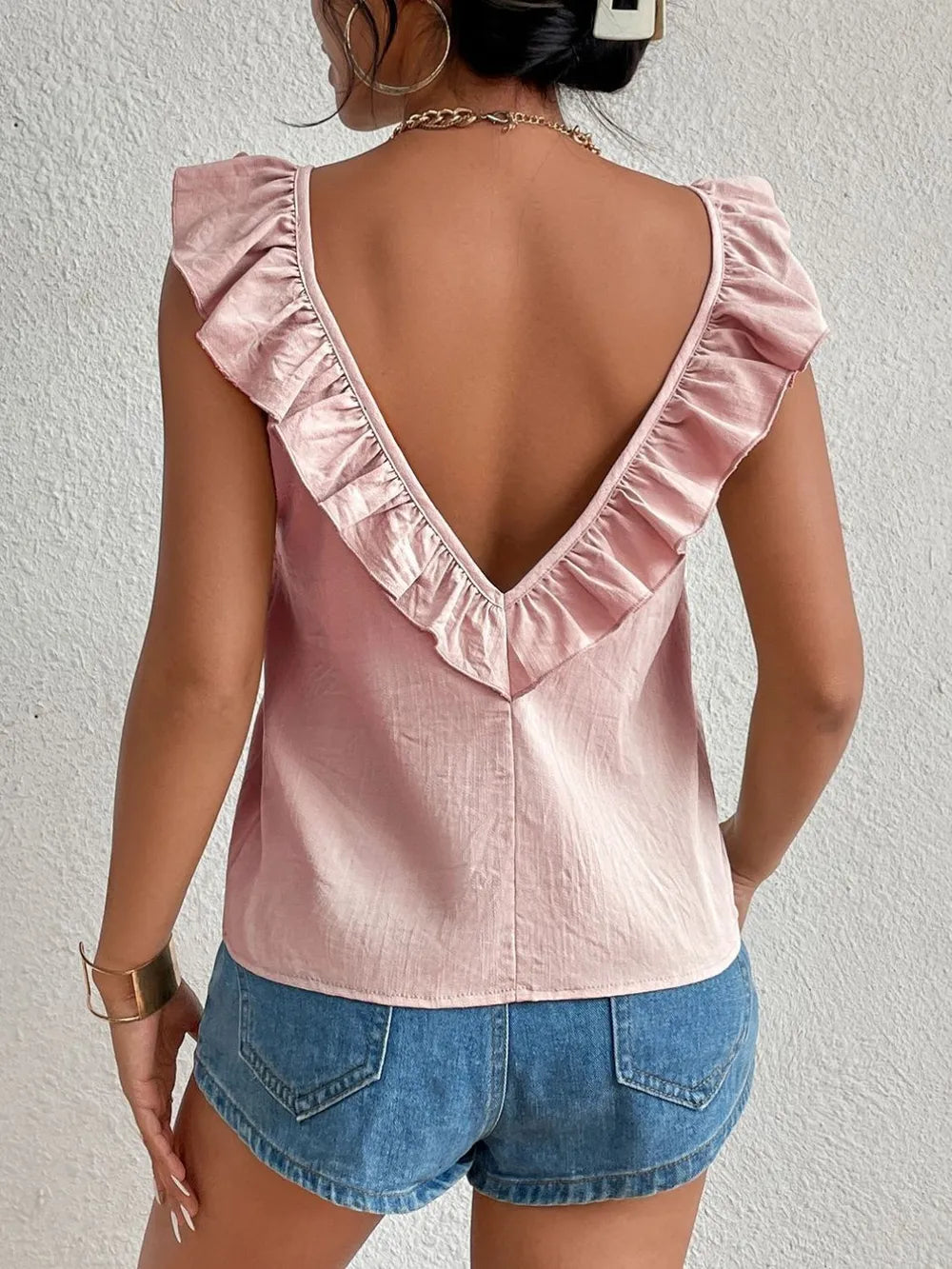 Elegantly Ruffled Backless Scoop Neck Tank Top | ULZZANG BELLA