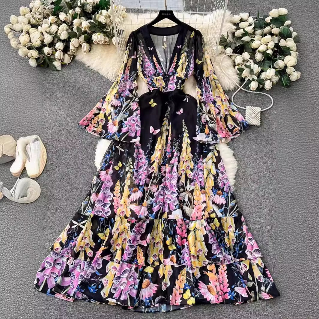 Elegant French Palace Chiffon A-Line Long Dress in Vintage Print | ULZZANG BELLA