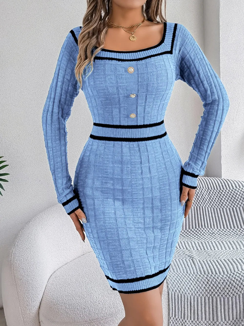 Contrast Trim Long Sleeve Midi Sweater Dress | ULZZANG BELLA