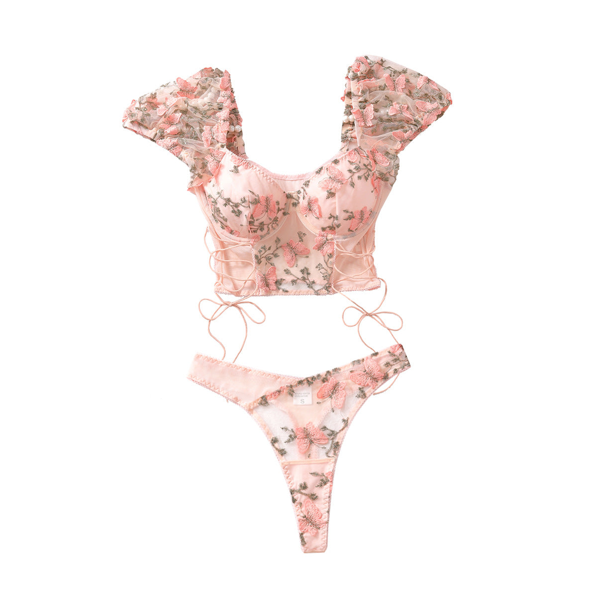 Chic Floral Embroidery Patchwork Bubble Sleeve Two-Piece Set | ULZZANG BELLA