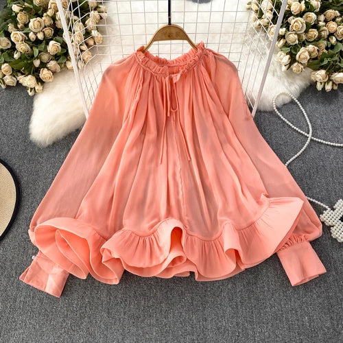 Chic Spring Autumn Ruffled Chiffon Blouse with O-neck | ULZZANG BELLA