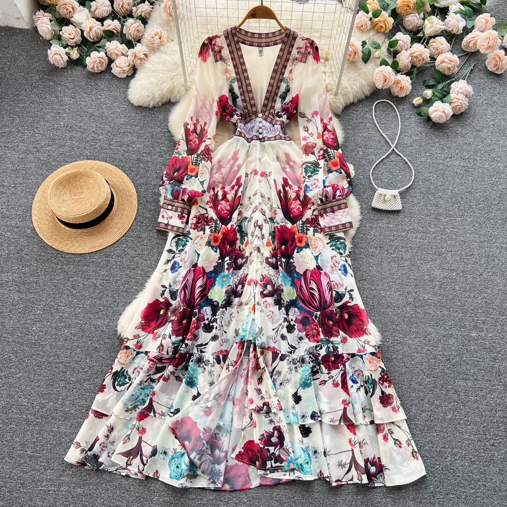Elegant French Palace Chiffon A-Line Long Dress in Vintage Print | ULZZANG BELLA