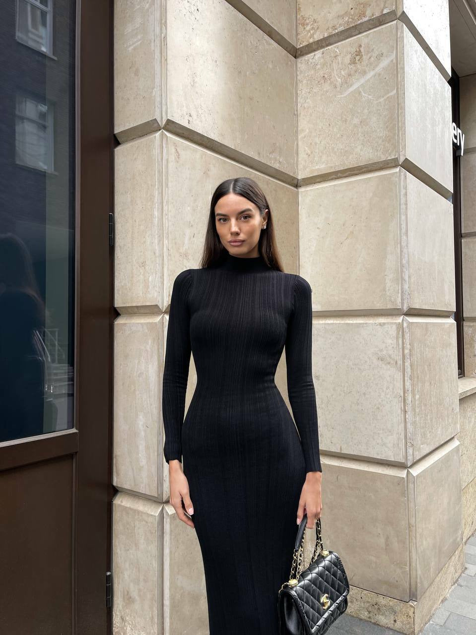 Elegant Striped Sweater Dress with High Neck | ULZZANG BELLA