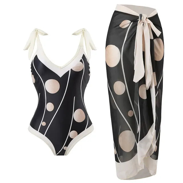 Vintage Print Deep V One-Piece Swimsuit with Chiffon Kimono Cover-Up | ULZZANG BELLA