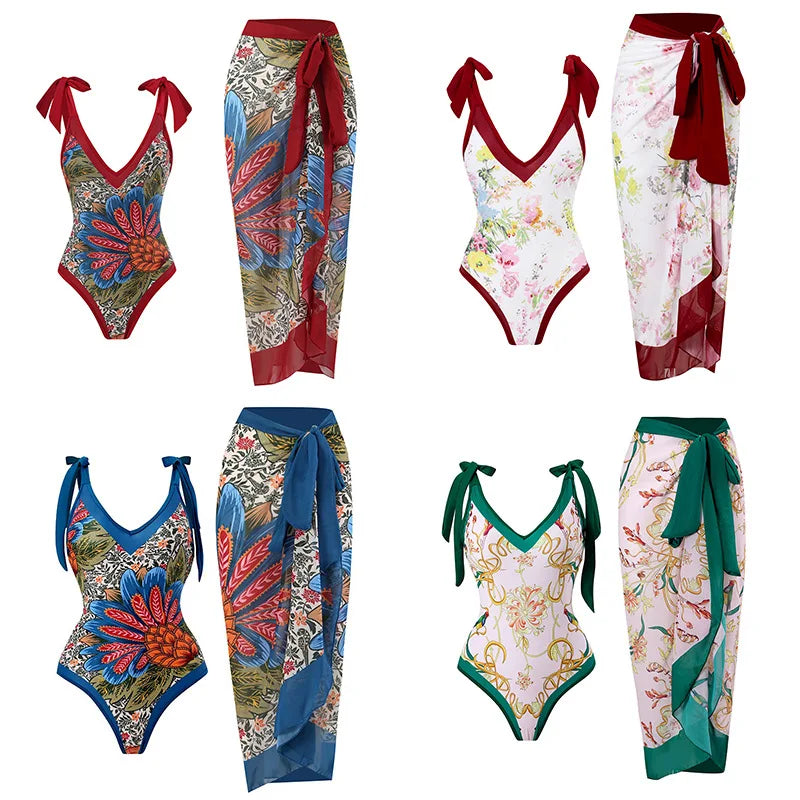 Vintage Print Deep V One-Piece Swimsuit with Chiffon Kimono Cover-Up | ULZZANG BELLA