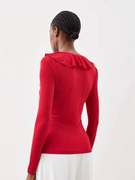 Elegantly Tailored Long Sleeved Slimming Shirt with Ruffled Sheer Detail | ULZZANG BELLA