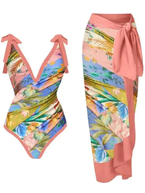 Vintage Print Deep V One-Piece Swimsuit with Chiffon Kimono Cover-Up | ULZZANG BELLA