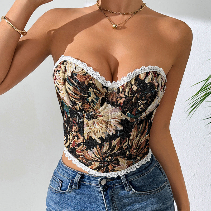 Top senza spalline con eleganza floreale per la tentatrice moderna | ULZZANG BELLA