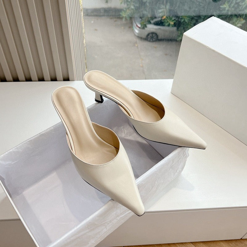 Elegant Pointed Toe Leather Mid-Heel Mules in Classic Shades | ULZZANG BELLA