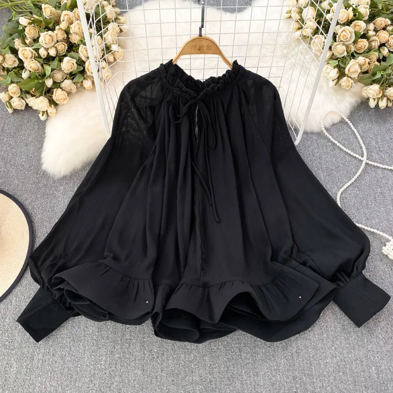 Chic Spring Autumn Ruffled Chiffon Blouse with O-neck | ULZZANG BELLA
