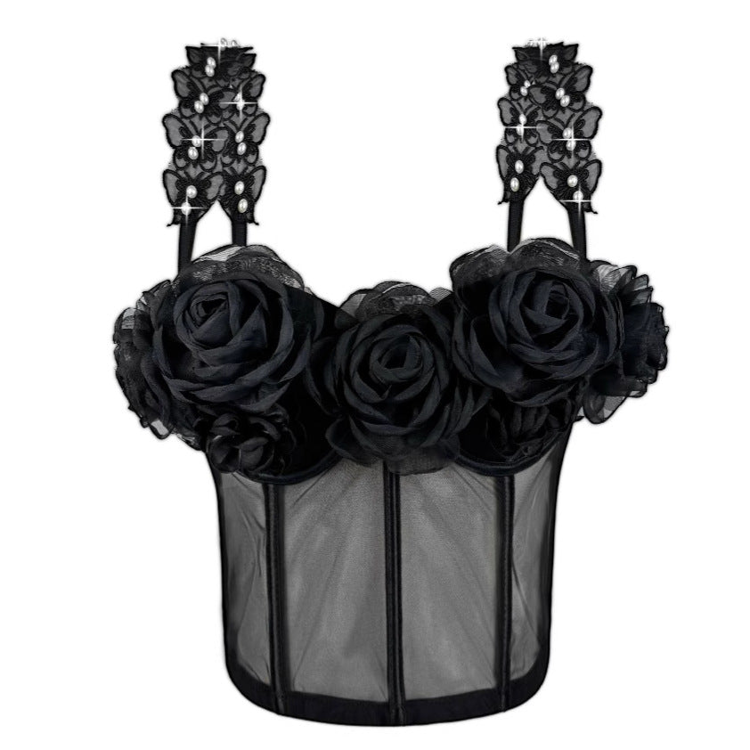 Vintage 3D Pearl Flower Strapless Bustier Blouse | ULZZANG BELLA