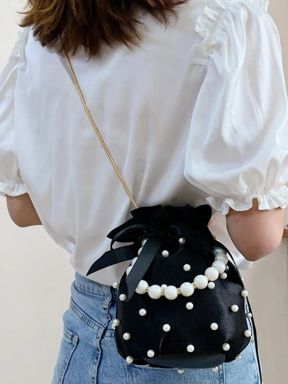 Elegante borsa a secchiello in tinta unita con dettagli in perle | ULZZANG BELLA