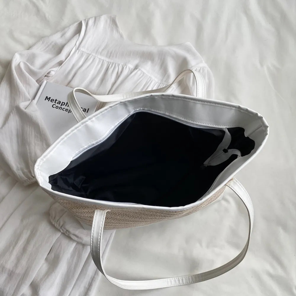 Elegante borsa tote con tracolla in pelle intrecciata in paglia | ULZZANG BELLA