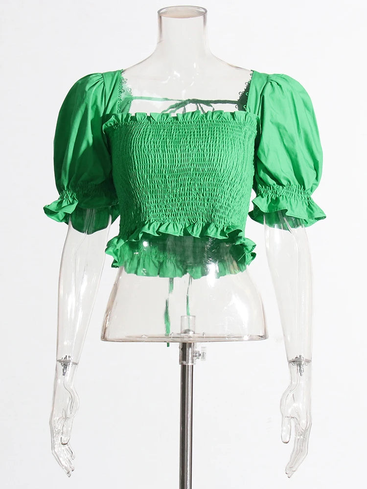 Chic Hit Colour Two Piece Ensemble with Puff Sleeve Tunic and Ruffled Mini Skirt | ULZZANG BELLA