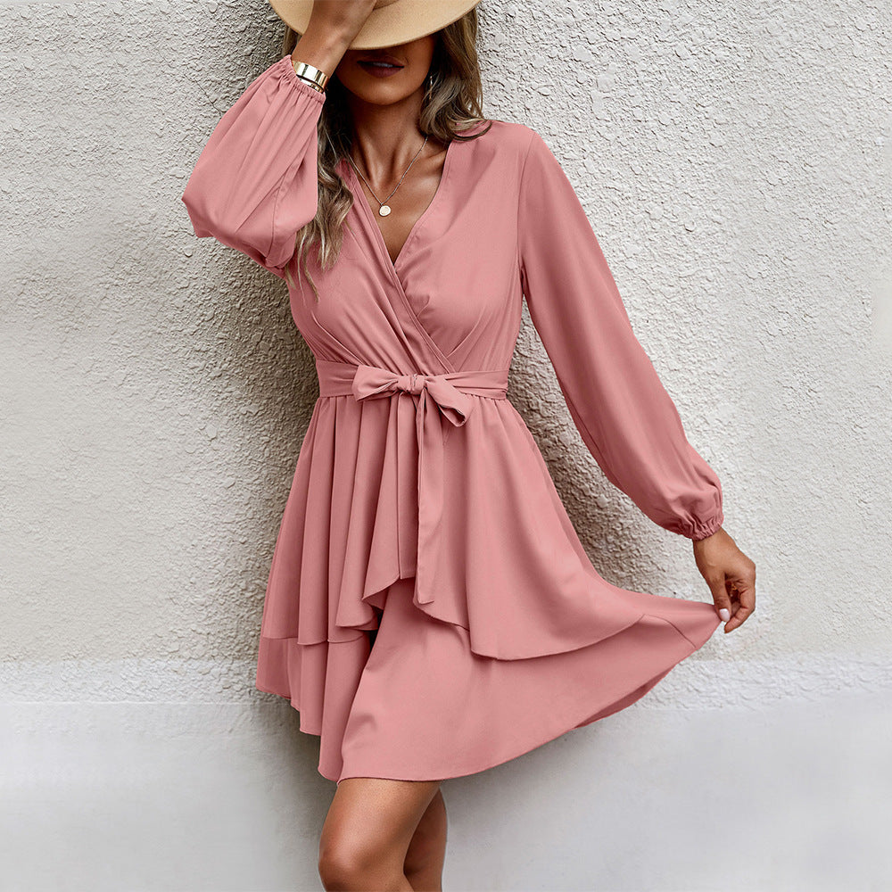 Chic Pink Lace-Up V-Neck Dress for Autumn & Winter Elegance | ULZZANG BELLA
