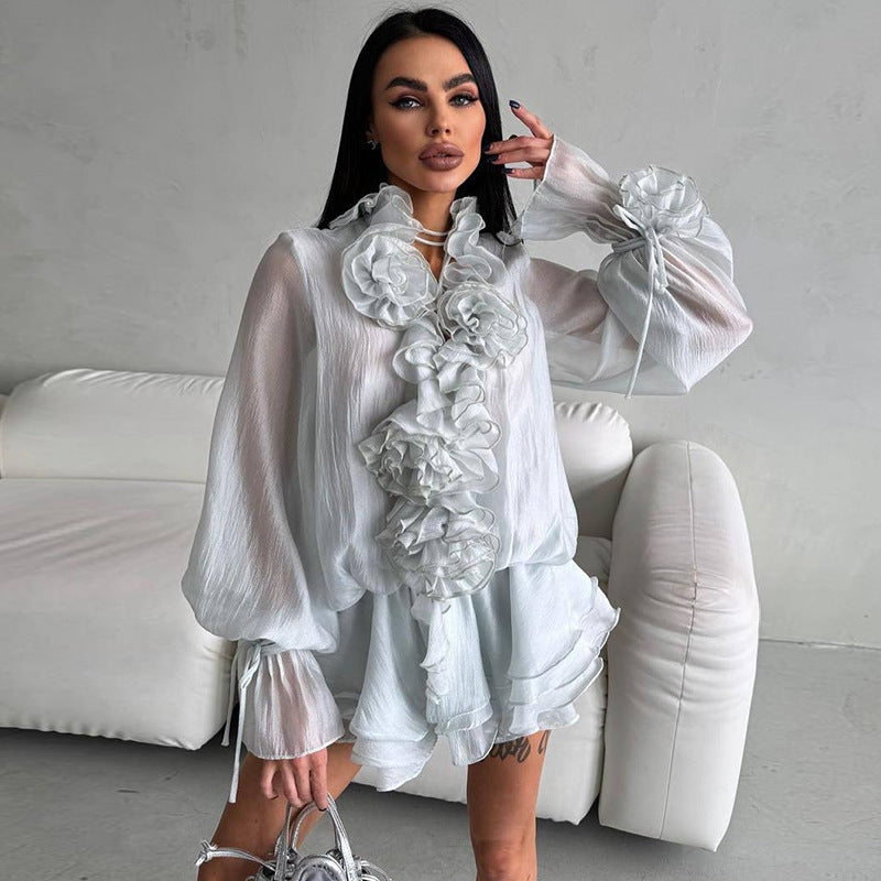 Floral Elegance Ruffle Sleeve Blouse & Shorts Set | ULZZANG BELLA