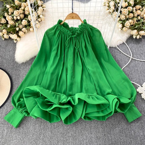 Chic Spring Autumn Ruffled Chiffon Blouse with O-neck | ULZZANG BELLA