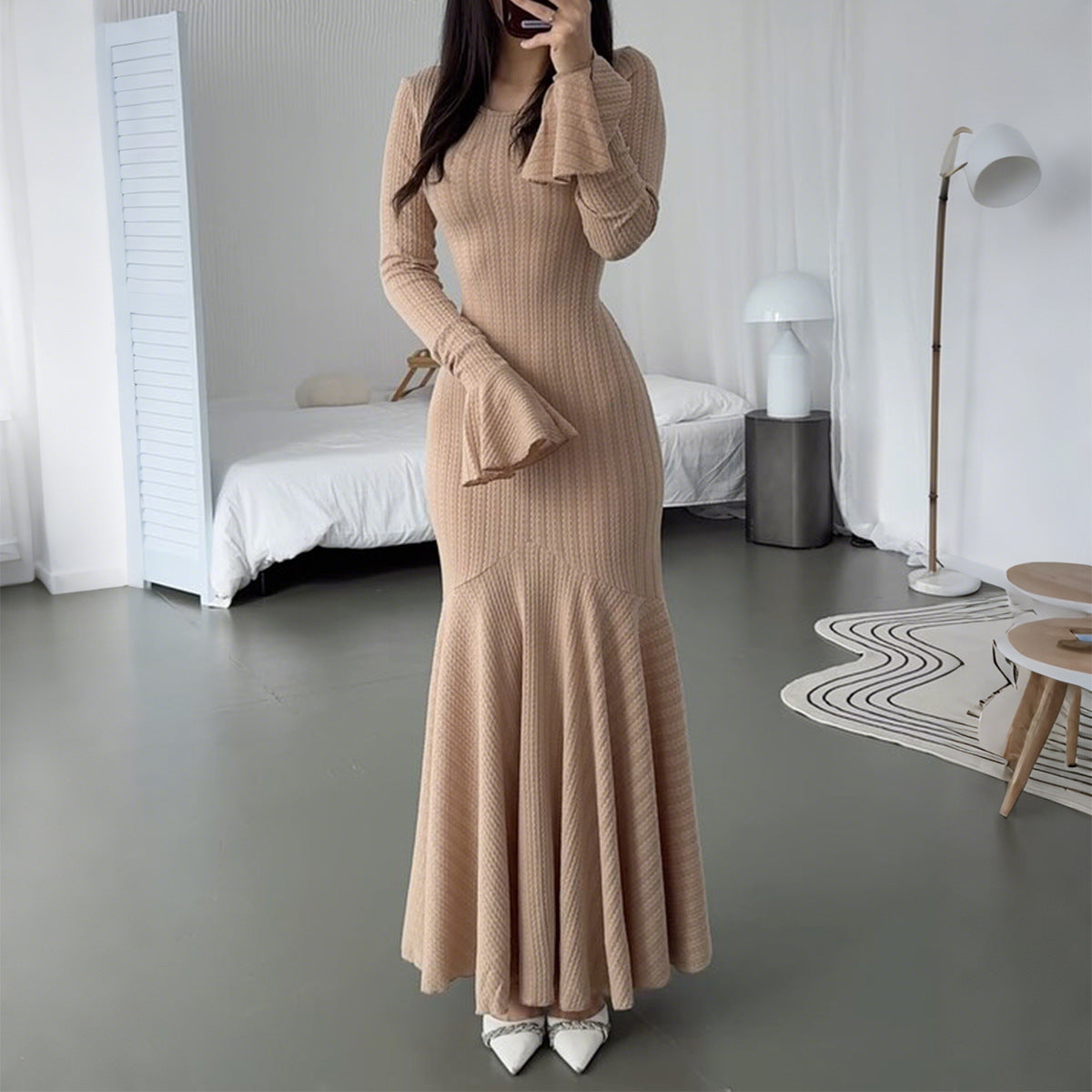 Delizioso abito lungo in maglia color cachi per la donna elegante | ULZZANG BELLA