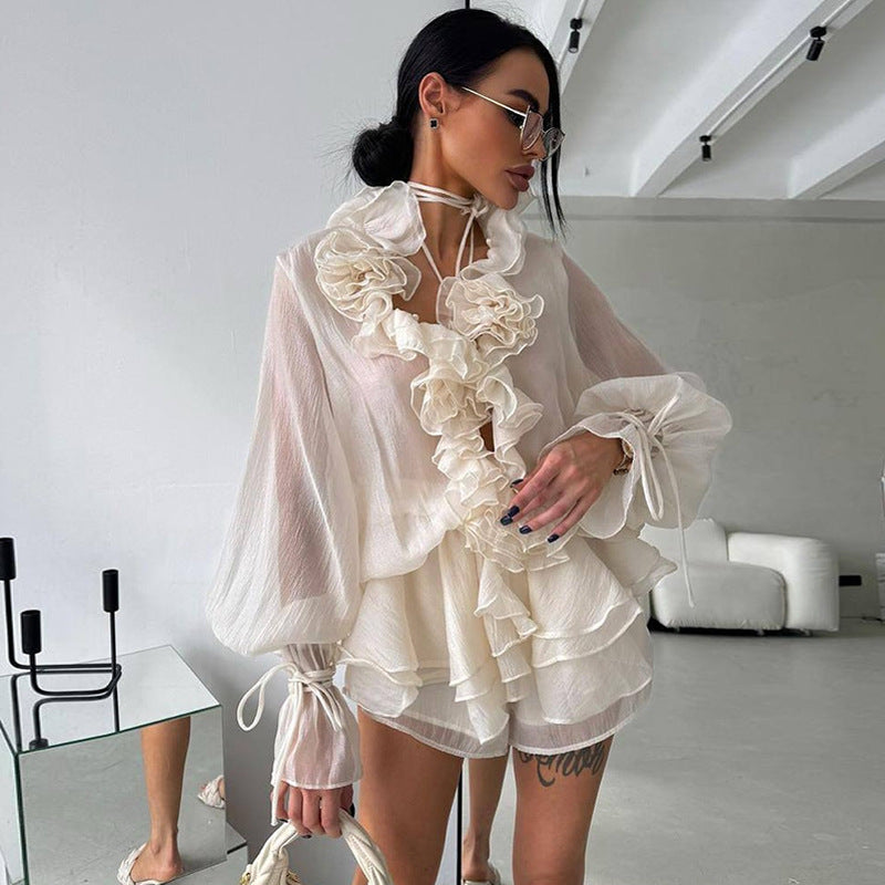Floral Elegance Ruffle Sleeve Blouse & Shorts Set | ULZZANG BELLA