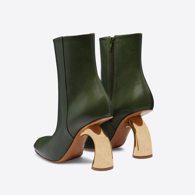 Elegant Square Head High Heel Side-Zipper Boots with Unique Metal Detail | ULZZANG BELLA