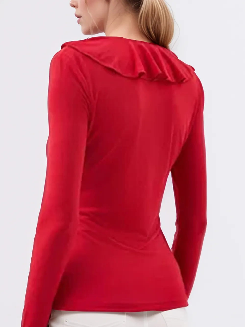 Elegantly Tailored Long Sleeved Slimming Shirt with Ruffled Sheer Detail | ULZZANG BELLA