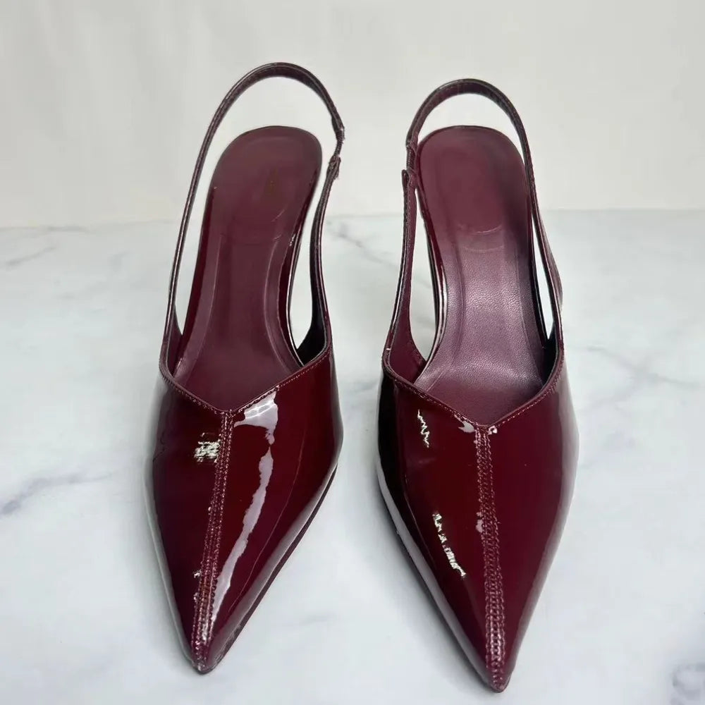 Luxe Slingback Point Toe Stiletto Pumps in Lacquer Leather | ULZZANG BELLA