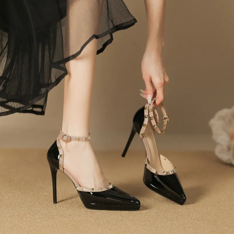 Exquisite Patent Leather Rivet Ankle Strap Stiletto Pumps | ULZZANG BELLA