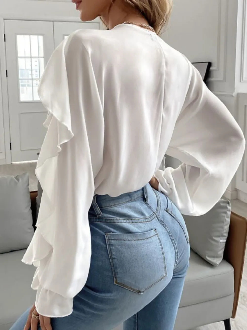 Elegant Ruffled V-Neck Blouse with Flounce Sleeves | ULZZANG BELLA