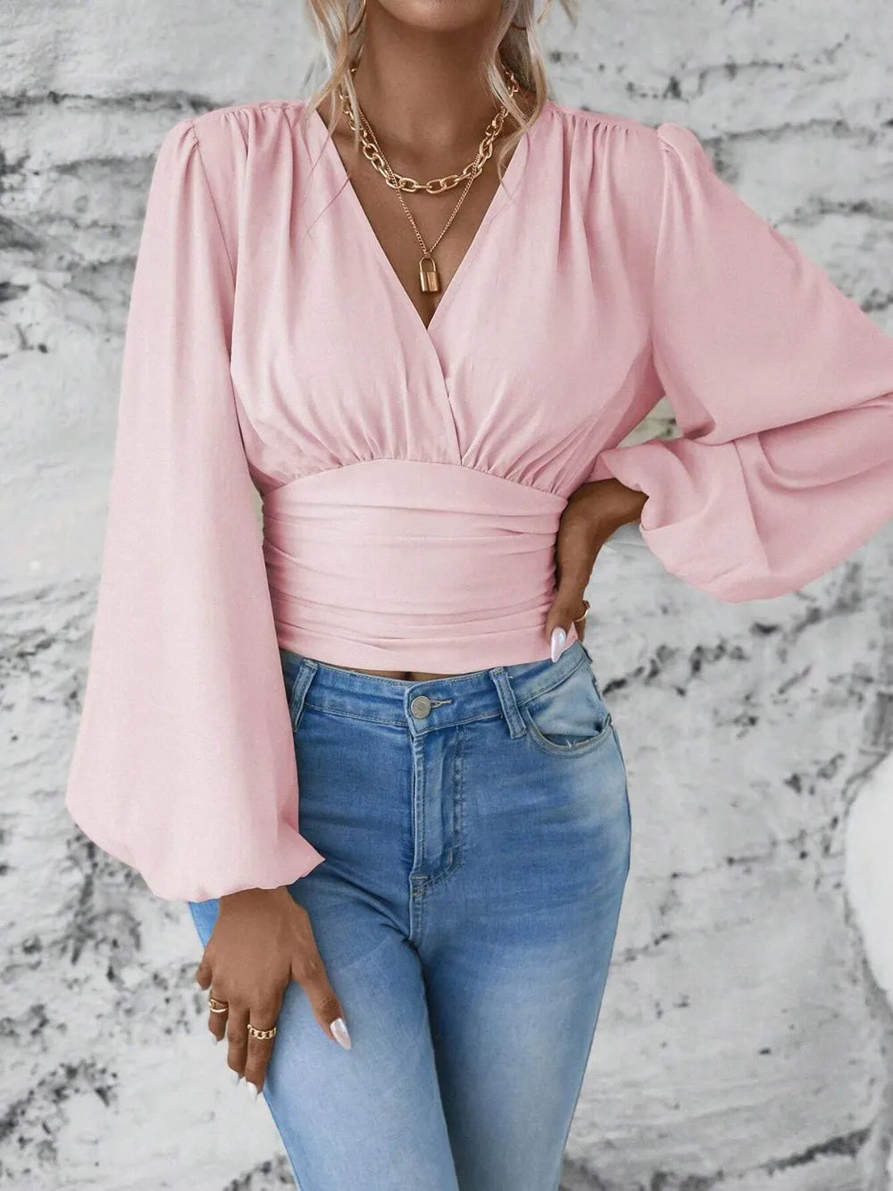 Elegantly Ruched Sheer Smocked Surplice Top with Balloon Sleeves | ULZZANG BELLA