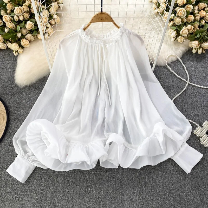 Chic Spring Autumn Ruffled Chiffon Blouse with O-neck | ULZZANG BELLA