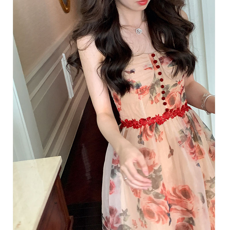 Robe midi trapèze à fleurs élégantes pour femme raffinée | ULZZANG BELLA