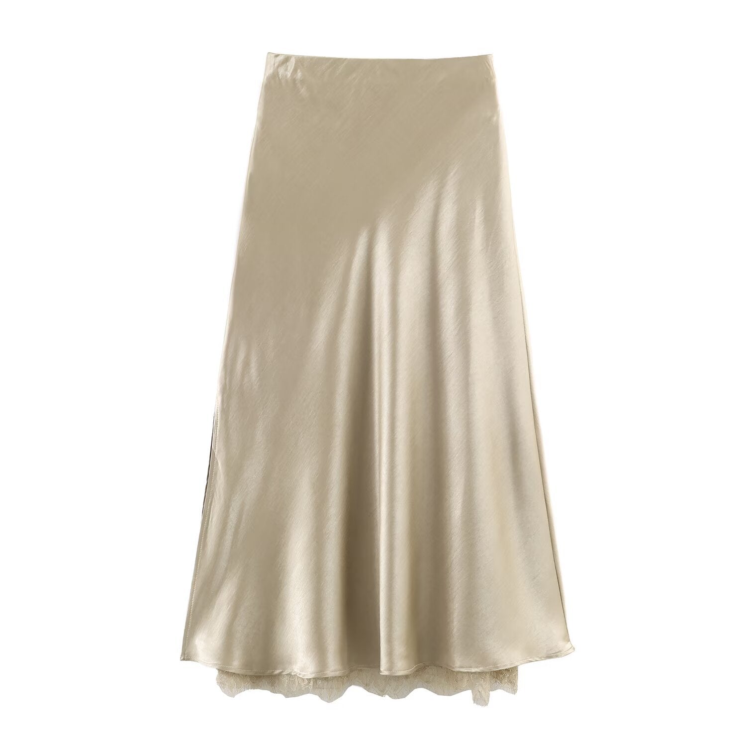 Satin Acetate Lace Patchwork Mid-Length Split Skirt | ULZZANG BELLA