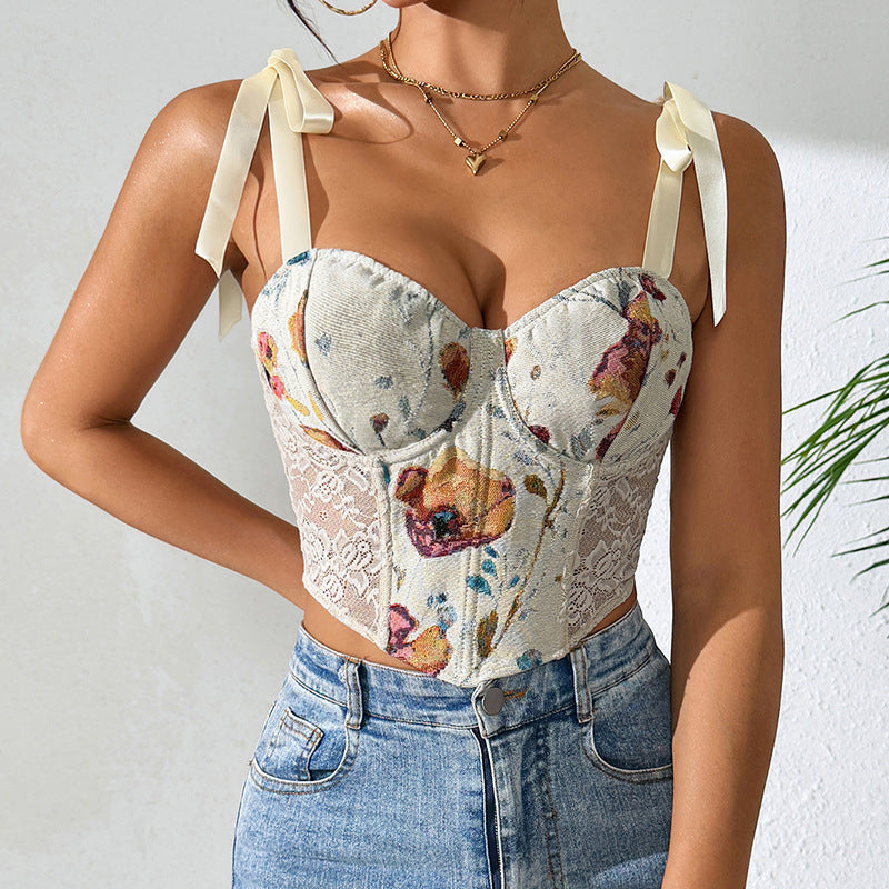 Floral Elegance Slim Fit Strap Vest in Apricot | ULZZANG BELLA