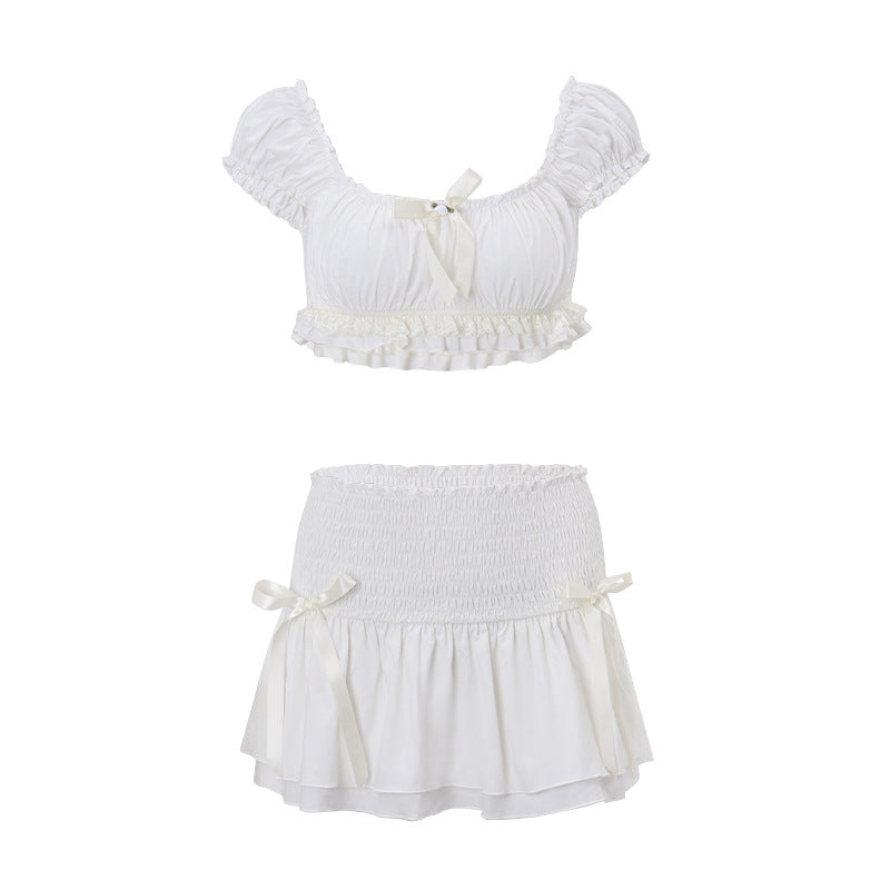 Elegant Short Bubble Sleeve Top and Low Waist Slim Skirt Set | ULZZANG BELLA