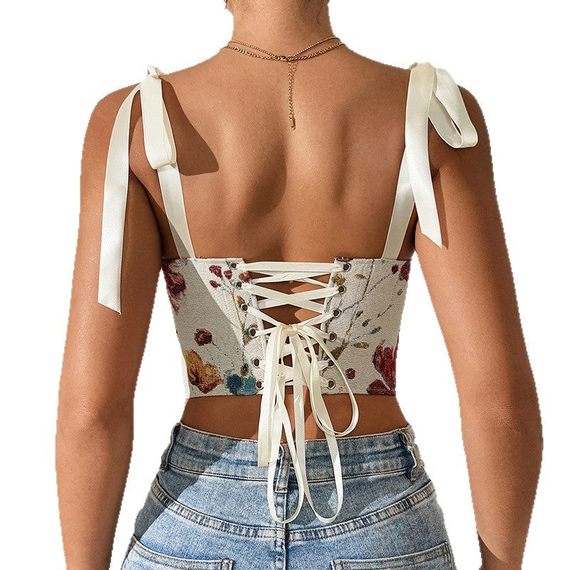 Floral Elegance Slim Fit Strap Vest in Apricot | ULZZANG BELLA