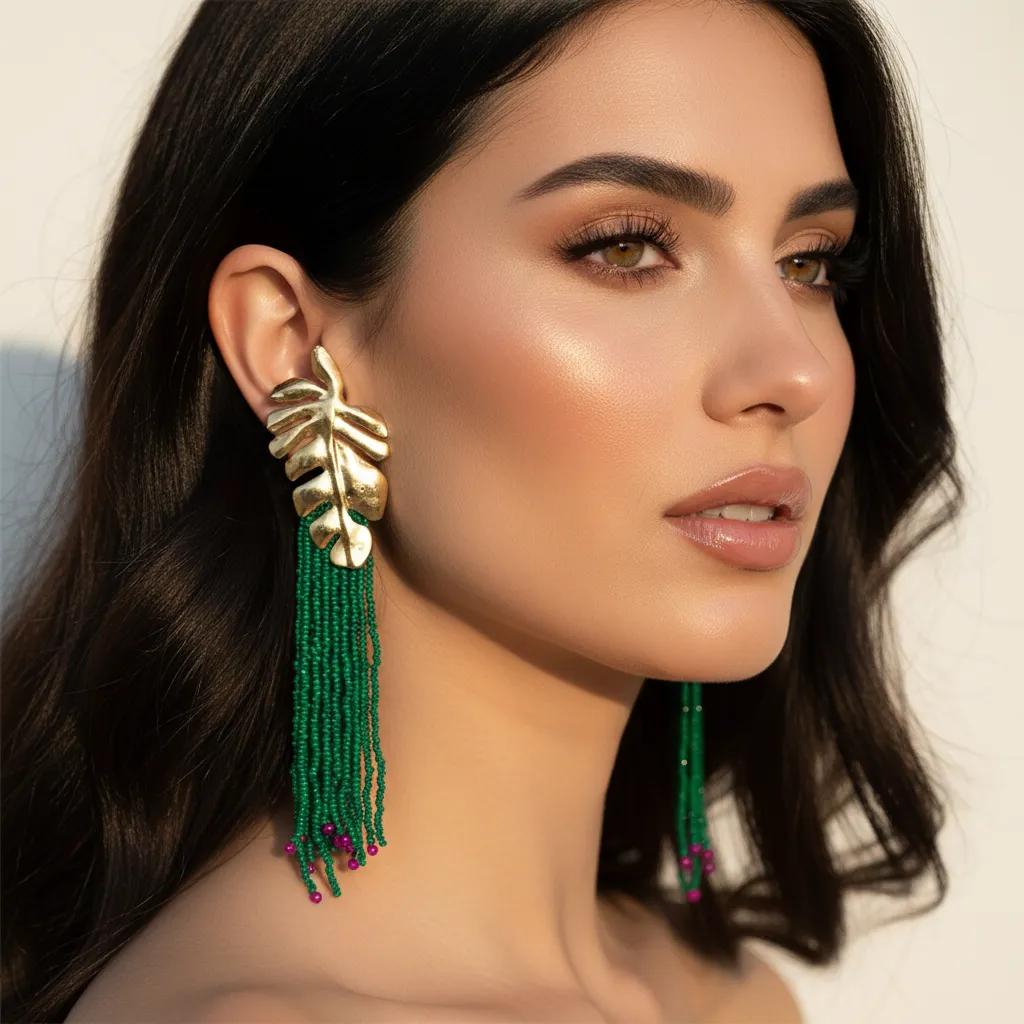 ULZZANG BELLA Gold-Plated Rice Bead Long Drop Earrings - Exquisite Elegance
