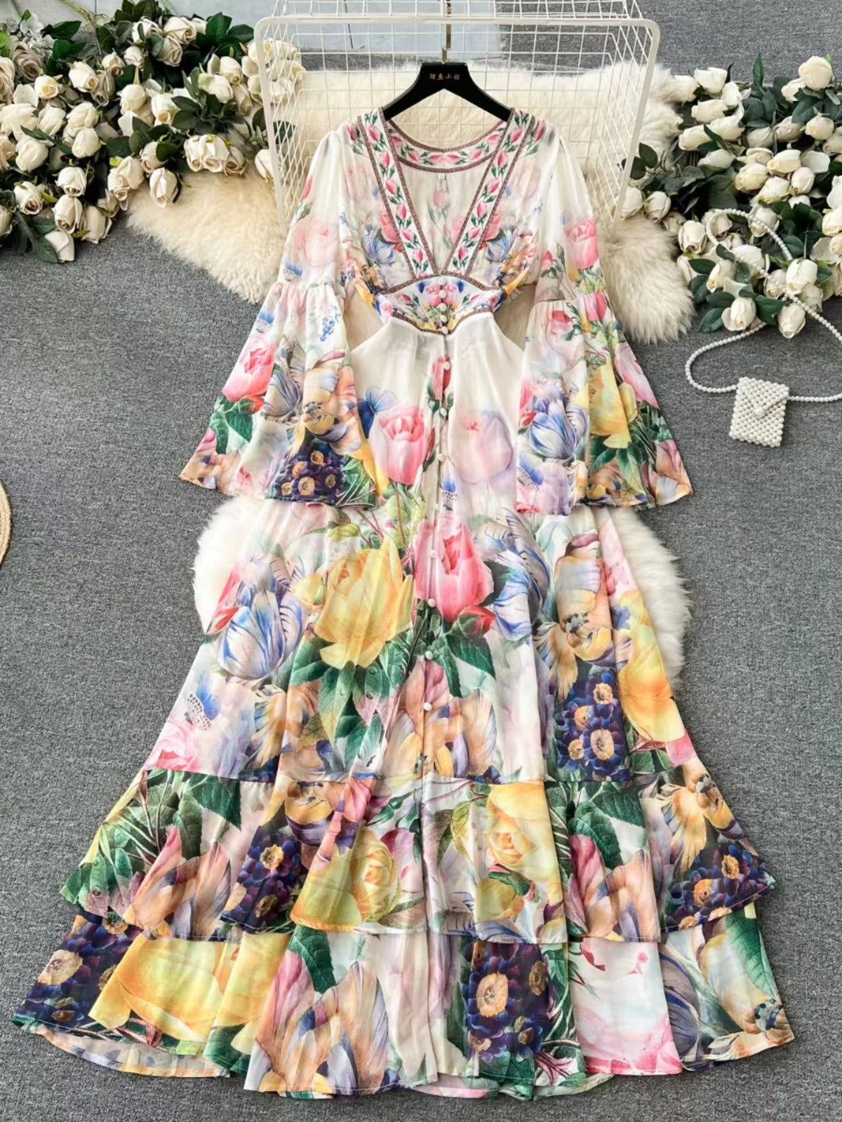Elegant French Palace Chiffon A-Line Long Dress in Vintage Print | ULZZANG BELLA