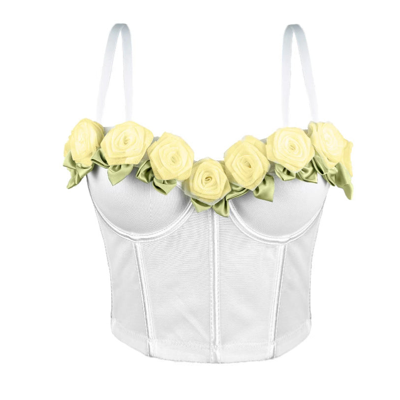 Elegante top bustier arricciato in rete floreale | ULZZANG BELLA