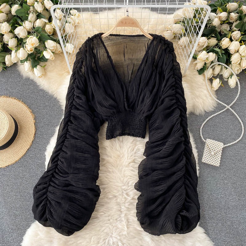 Chic Pleated Bubble Sleeve Chiffon Shirt – A Luxe Addition to Your Wardrobe | ULZZANG BELLA