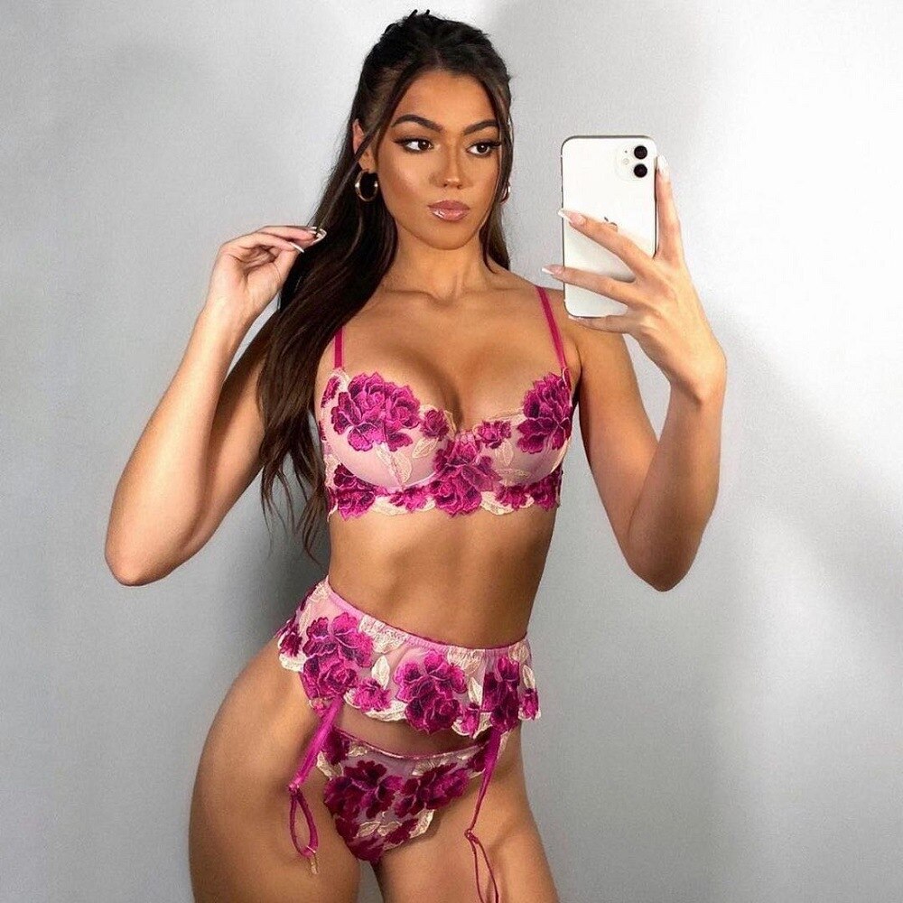 Sexy Floral Three-Piece Embroidered Lingerie Set for Women | ULZZANG BELLA