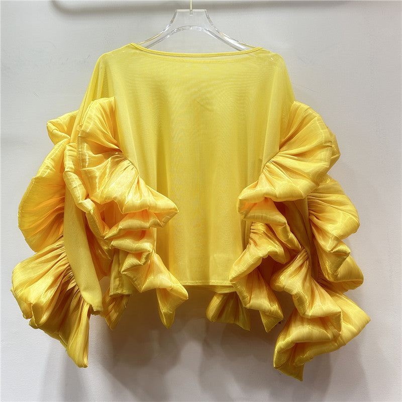 Ruffled Long Sleeve Mesh Top with Irregular Hem | ULZZANG BELLA