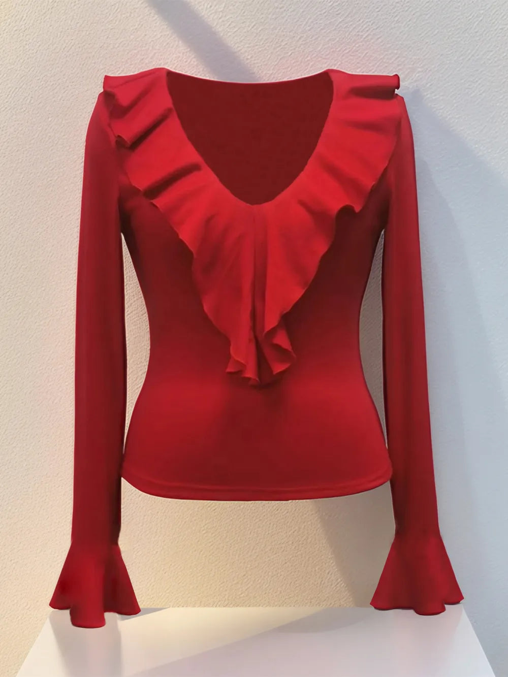 Elegantly Tailored Long Sleeved Slimming Shirt with Ruffled Sheer Detail | ULZZANG BELLA