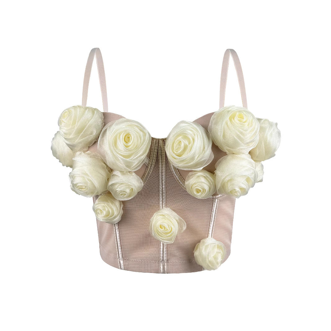 Top bustier senza spalline con motivo floreale 3D in lussuosa rete | ULZZANG BELLA