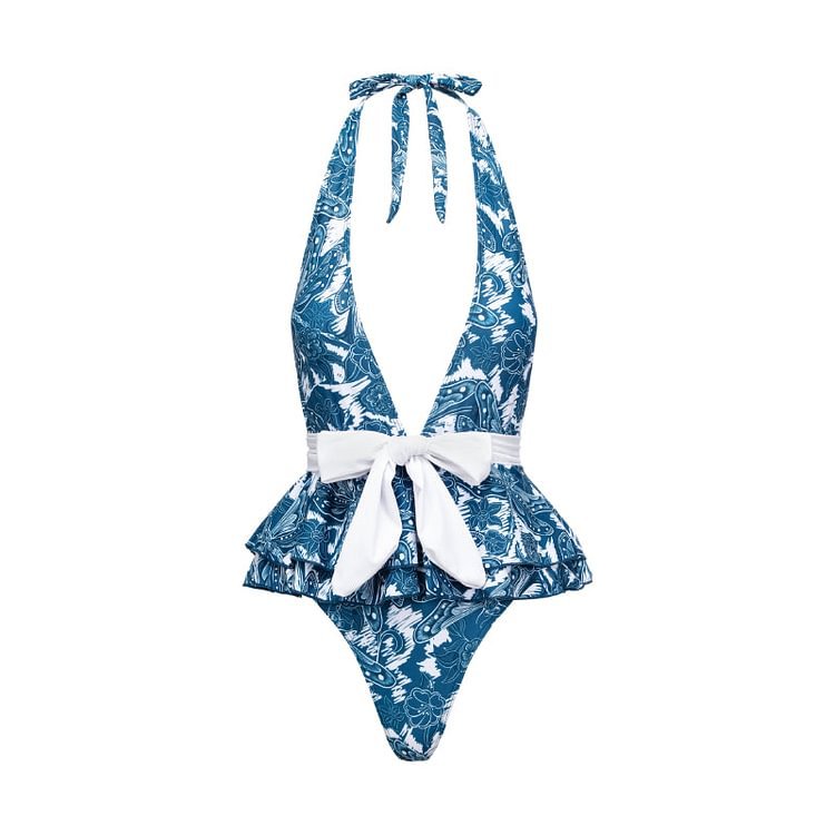 Luxury Backless Deep V One-Piece Swimsuit with Skirt Cover-Up | ULZZANG BELLA